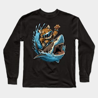 Cat Riding Shark Oceanic Safari Long Sleeve T-Shirt